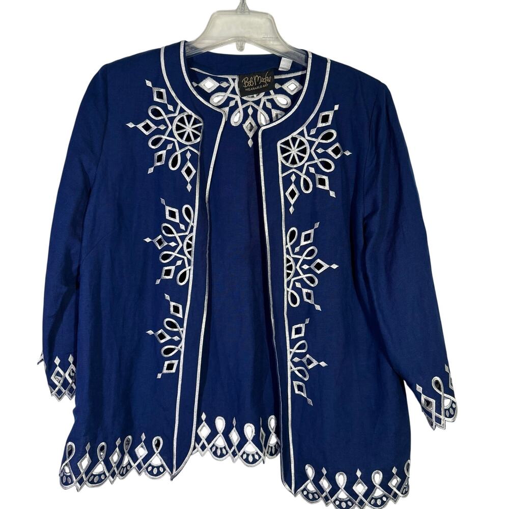 Vintage Bob Mackie Women's Size M Wearable Art Linen Embroidered Cut Out Jacket